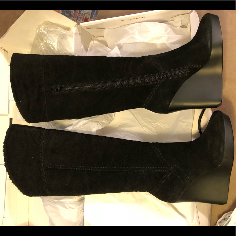 NeverWorn! Black suede knee high wedge boots!